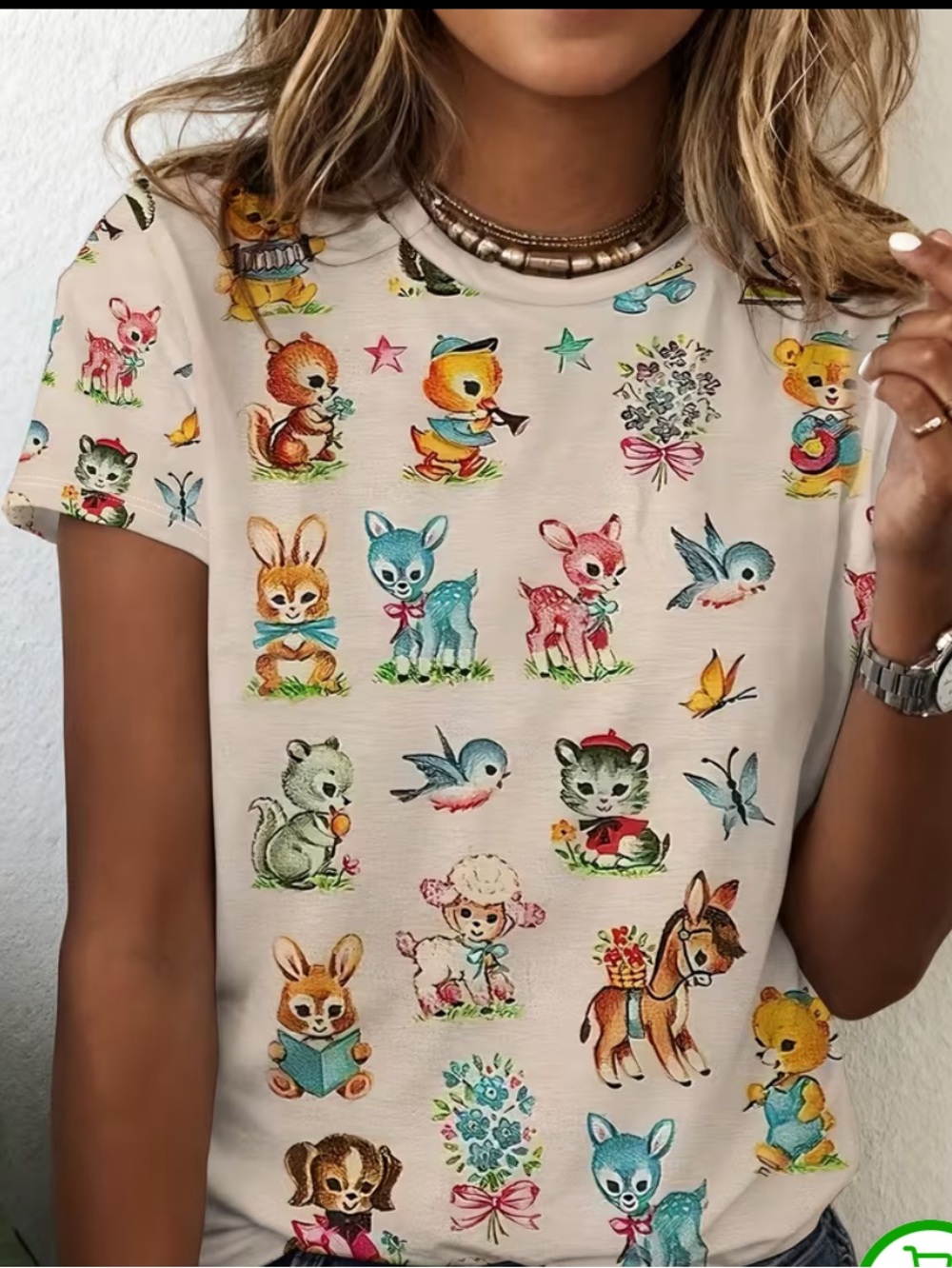 Pink T-Shirt featuring retro all-over print of vintage style animals, Medium